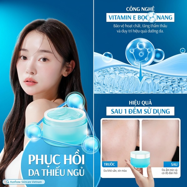 A split-screen creative demonstrating the visible skin hydration benefits of a night recovery cream using a before-and-after visual comparison.